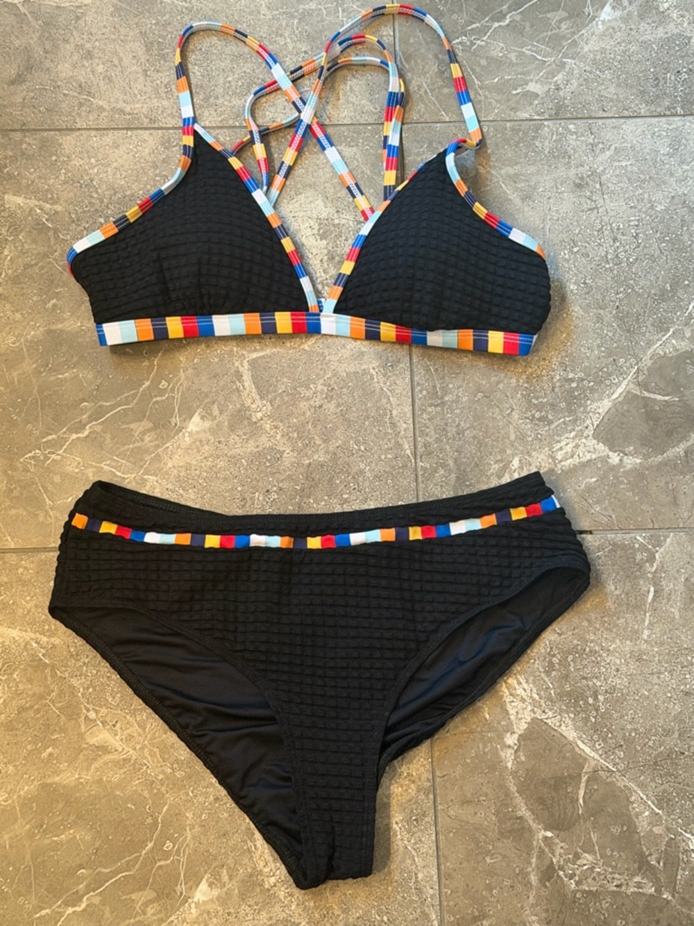 Cupshe Black Bikini with Multicolor Stripe Trim NWOT
